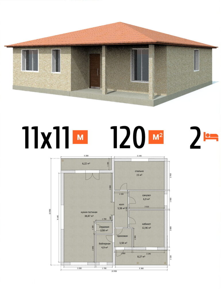 Проект дома 120 кв.м 2 спальни 11 на 11 одноэтажный - цена строительства фото и планы